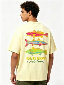 Men's Casual Summer Washed Cotton T-Shirt Old Row Outdoor Fish Print, Round Neck Short Sleeve Lightweight Knitted Fabric, Rib Details 100% Cotton - 純棉米色 - 查看 2
