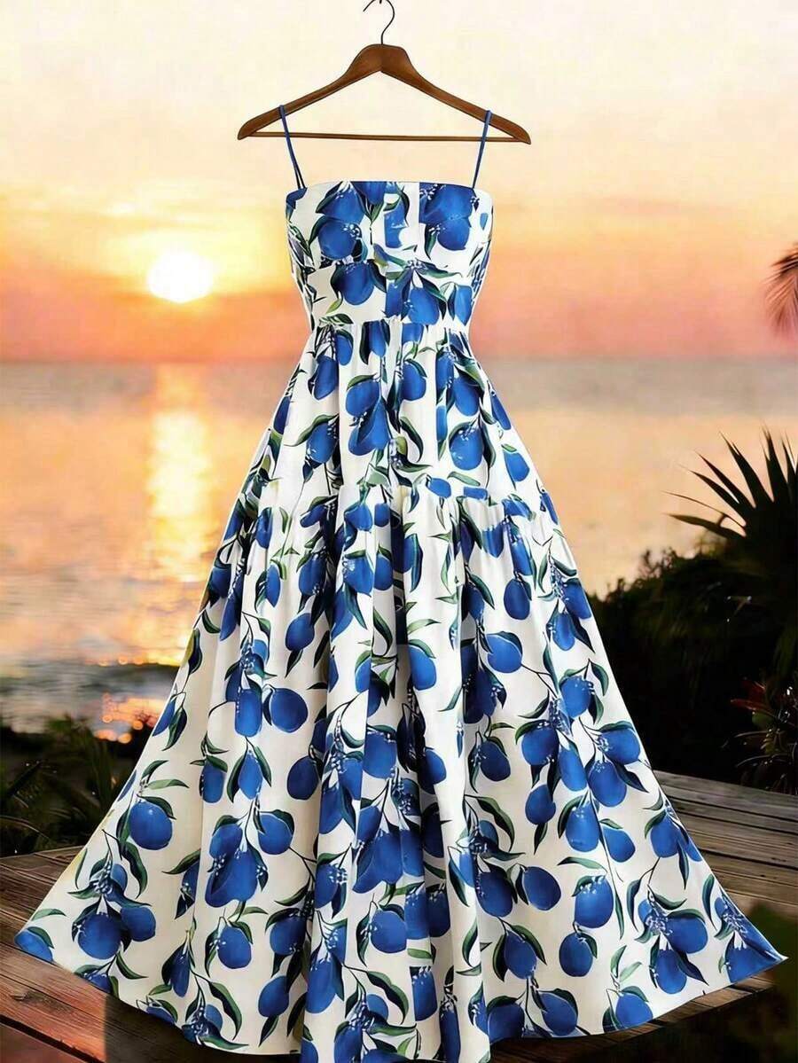Vestido casual de mujer con estampado de limón sin mangas para vacaciones - azul real - Ver 1