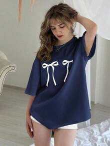blusas elegantes dama, blusas para mujer,playeras de mujerCamiseta para mujer con corte Oversize 100% algodón con cuello redondo y manga corta con diseño cute de moños Playera cómoda y suavePure Cotton Short-Sleeve Shirt - Azul marino - Ver 4