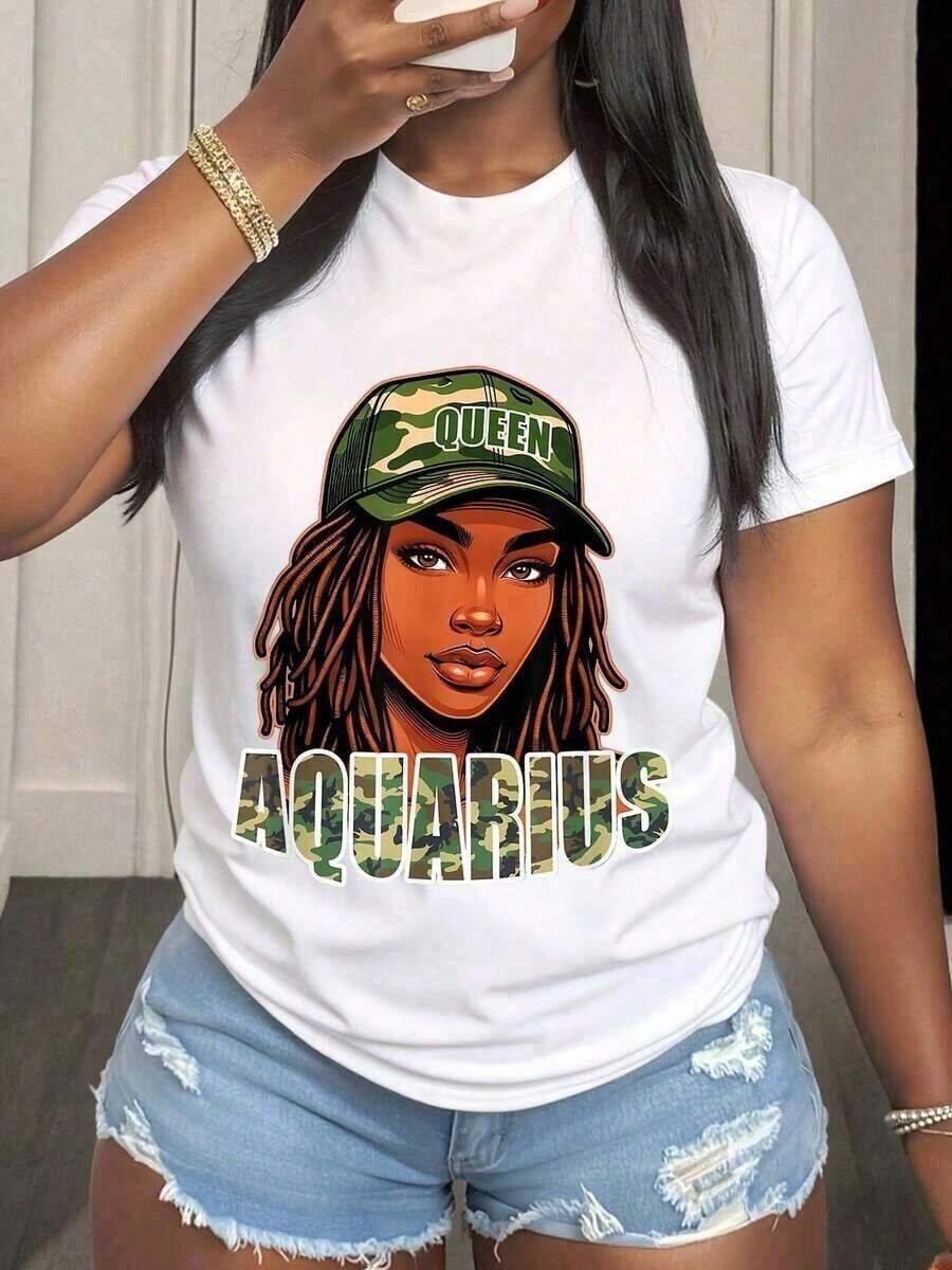 Aquarius Zodiac Sign Graphic T-Shirt With A Purple Cap And Bold Design For Astrology Enthusiasts. A Women's T-Shirt With A Celestial Theme And Vibrant Colors, Perfect For Everyday Wear And Zodiac Celebrations. 100% Soft Cotton. - 白色 1 - 查看 1