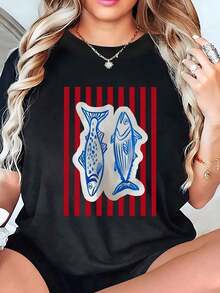 Camisa informal de verano de manga corta con cuello redondo y estampado de peces a rayas, camisa informal para mujer; camiseta para mujer; ropa de primavera/verano para mujer; tops - Negro - Ver 7