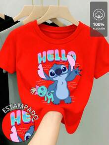 1pscCamiseta para mujer de 100% algodón con cuello redondo y manga corta, excelente calidad de tela, cómoda y suave al tacto, Estampada ORIGINAL de Película Lilo y Stitch ideal para toda ocasión, diseño de stich con Trapos saludando con la leyenda "Hello"100% Cotton - Rojo - Ver 6