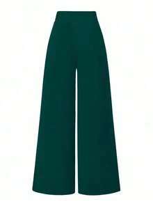 Pantalones anchos de cintura alta de unicolor de uso casual para mujeres - Verde Oscuro - Ver 2