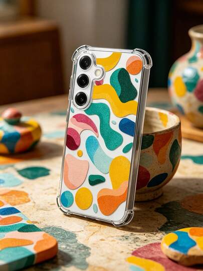 1pc Abstract Art Stylish Phone Case, Colorful Wave Element Four-Corner Anti-Fall Protective Cover, Bamboo Print Protective Shell, TPU Anti-Fall Protective Case. Suitable For Galaxy S25/S26 Plus/S24/S23/S22/S21/A55/A56/A16 Etc. Suitable For Personal Use Or As A Gift.