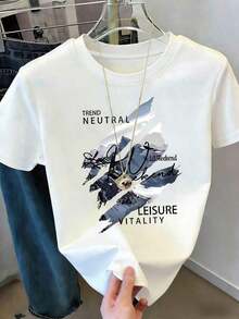 Women's Modern, Casual T-Shirt, Perfect For Parties And Lounging At Home. 100% Cotton, Loose Fit. Vintage Women's Short-Sleeved Crew Neck T-Shirt With A Letter And Graffiti Print. Casual, Versatile, And Stylish, With A Simple Style For Everyday Wear, Suitable For Casual Outings, Travel, And Spring/Summer Fashion. Plus Sizes Available. BlancoFashion - 白色的 - 查看 1