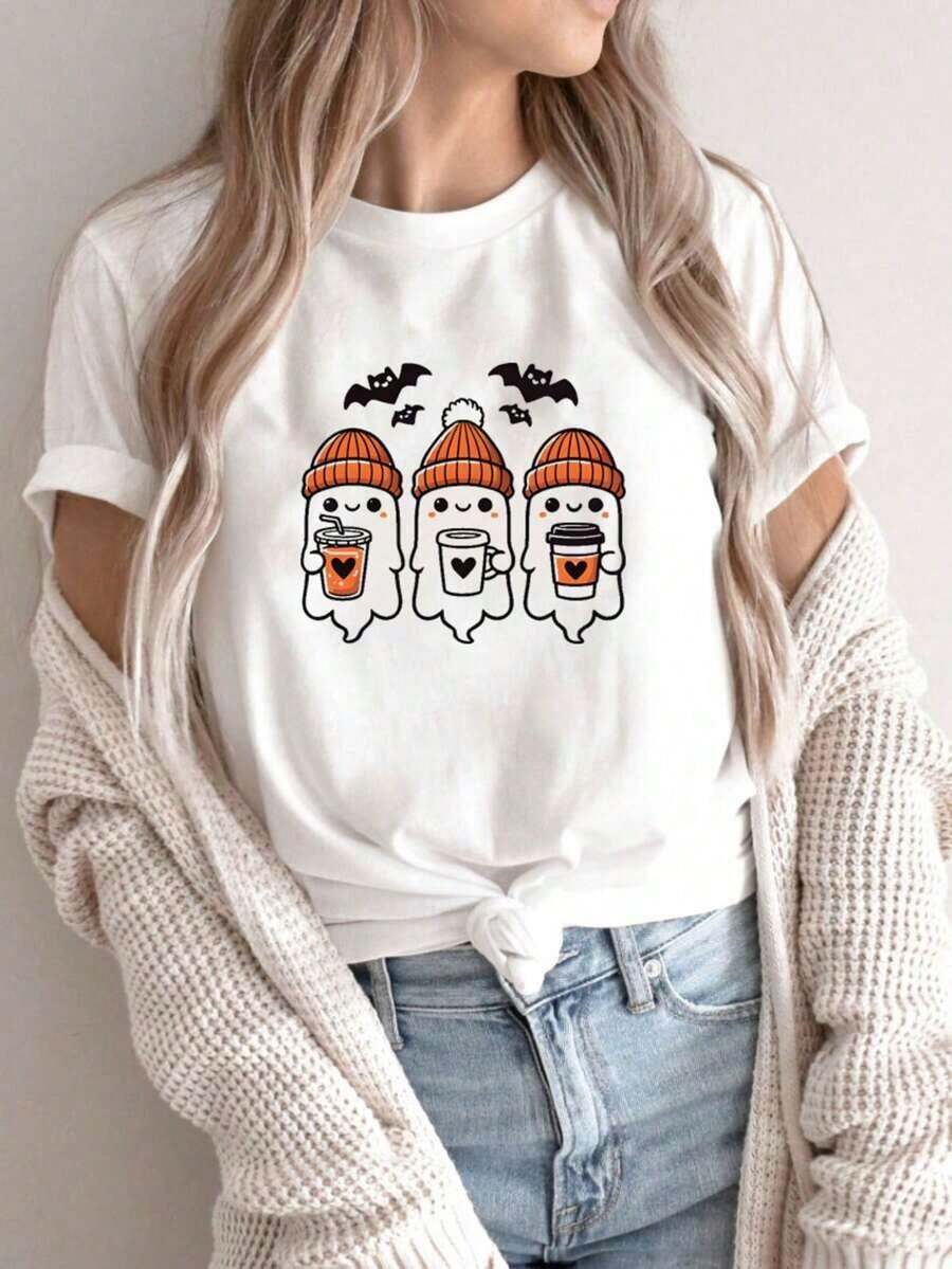 Women's Halloween T-Shirts, Ghost Design T-Shirt, Autumn T-Shirt, Graphic Tees For Coffee Lovers, Casual Short Sleeve Tops, Loose Fit T-Shirt, Casual And Versatile, Y2k T-Shirt, Shirt - 黑色 - 查看 1