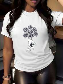 TeeWo Casual Short-Sleeved T-Shirt With Lotus Flower Print. | Round Neck, Stretchy And Comfortable, White With Black Floral Design, Perfect For Summer Fashion, Casual Summer Wear, Floral Print T-Shirt, Stretch Cotton T-Shirt. - 白色 - 查看 1