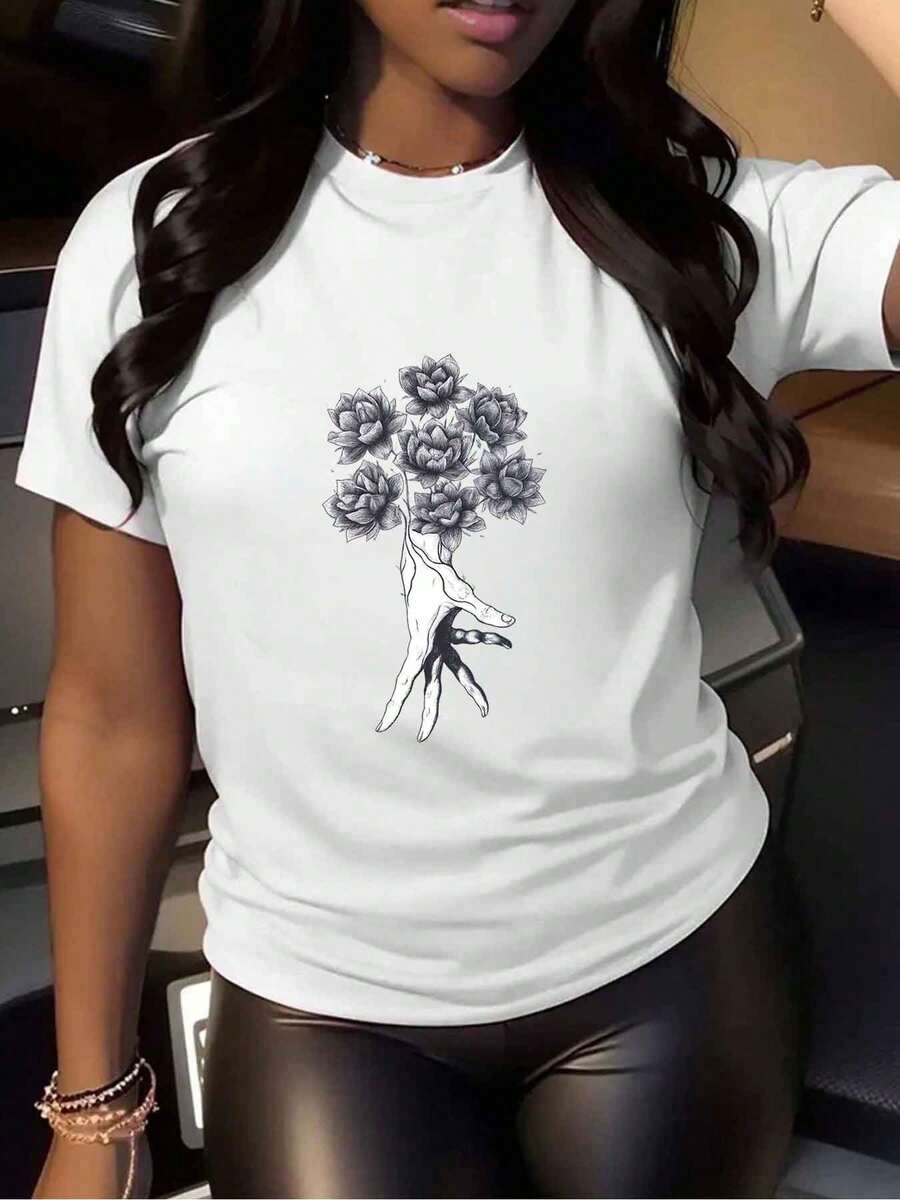 TeeWo Casual Short-Sleeved T-Shirt With Lotus Flower Print. | Round Neck, Stretchy And Comfortable, White With Black Floral Design, Perfect For Summer Fashion, Casual Summer Wear, Floral Print T-Shirt, Stretch Cotton T-Shirt. - 白色 - 查看 1