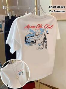 Camiseta de manga corta con estampado frontal y trasero - Estampado de moda de esquí - Camiseta de mujer con estampado de moda para primavera/verano, artículo de moda - Tejido ligero y suave - Blanco - Ver 7