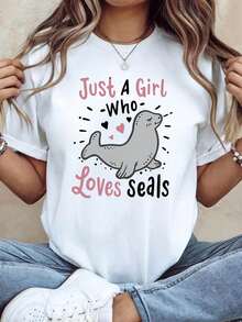 Women's Just A Who Loves Seals T-Shirt - Short Sleeve Top With Seal Print, Stretchy, For Spring-Summer, Casual Blouse For Aquarium Outfits, Best Friend Gatherings And Everyday Wear, Machine Washable, Seal Themed T-Shirt - 白色 - 查看 6