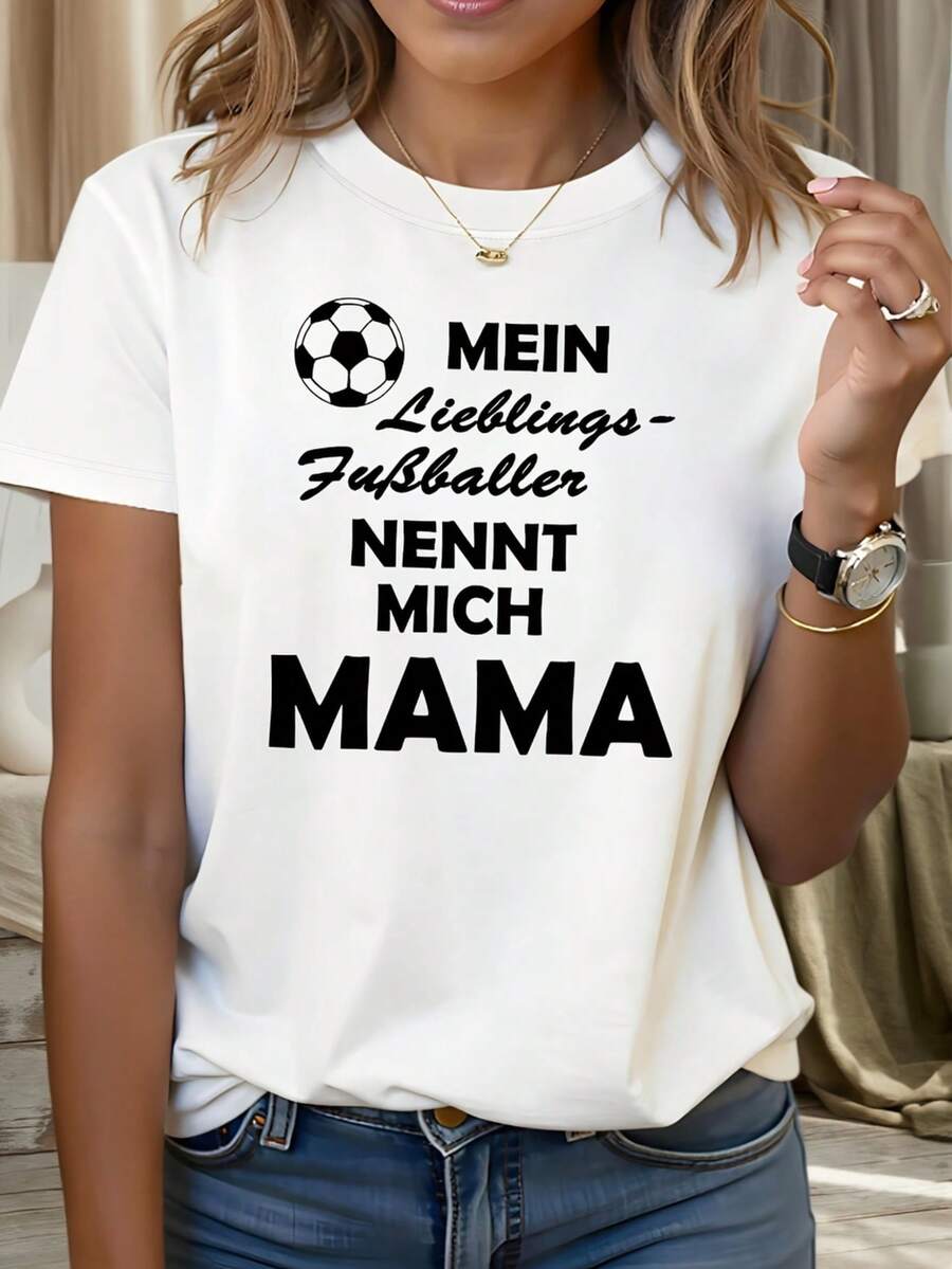 Camiseta casual de manga corta y cuello redondo para mujer con estampado gr£fico "German Football Mom" para primavera - verano, estilo diario, salida diaria, regalo de festividades