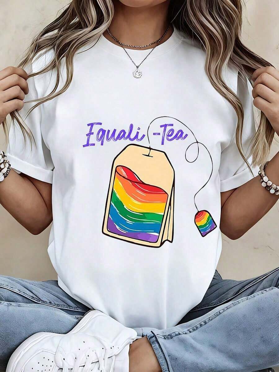 Camiseta Moderna y Minimalista para Mujer, con Estampado de Bolsitas de Té Rainbow Tea, Estilo Casual para el Día del Orgullo y Uso Diario - Blanco - Ver 1