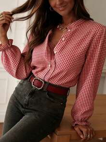 Fashionable Red Plaid Long Sleeve Shirt, Women's Style, With Open Collar And Ruffle Cuffs - Multicolor - View 4