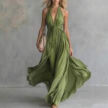 Nuevo 2026 Vestido Ajustado Mujer Color Sólido Cuello en V Sin Mangas Estilo Europeo Americano - Verde - Ver 3