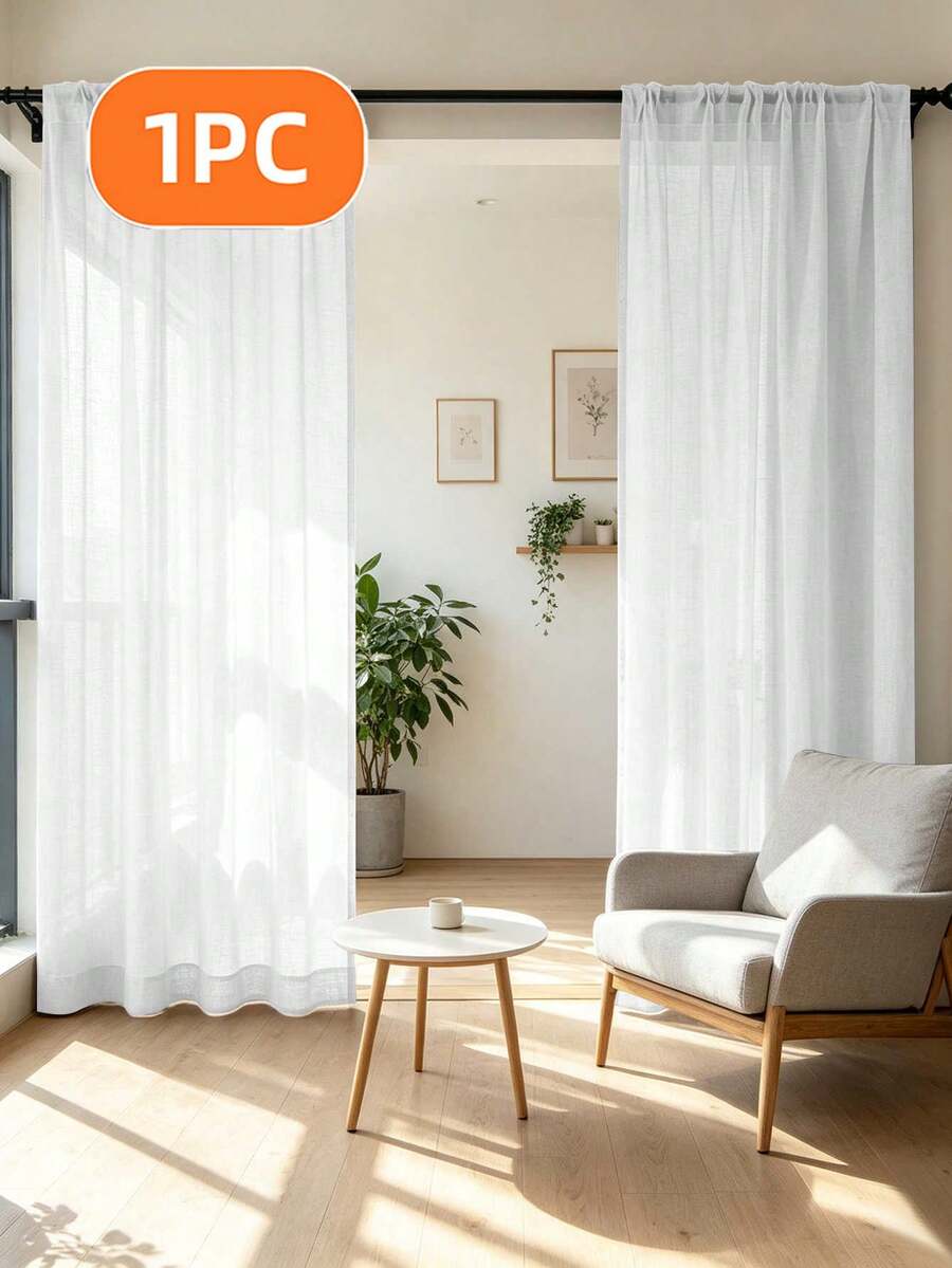 1pc/2pcs White Slub Faux Linen Textured Sheer Voile Curtain, Light Filtering Window Drapes For Bedroom Living Room Home Decor - White - View 1