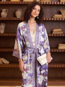 Bohemian Fashion Floral Print Mid-Length Kimono Cover Up Thin Jacket Women's Festival Elegant Casual Party Cover-Up Beach Sand Travel Vacation Cape Hem Slit Pockets Home Bathrobe Tie-Up Robe Middle Eastern Long Robe - Purple - View 6