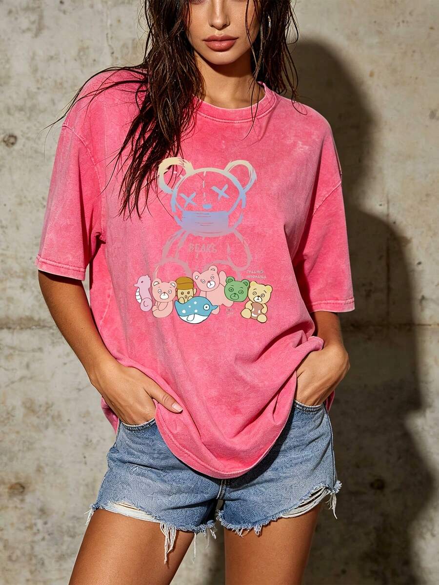 Women's Bear Print T-Shirt, Soft And Comfortable, 180g - Perfect Gift For Family And Friends | Casual Summer T-Shirt Suitable For Work And Leisure. | Modern And Attractive Design, Suitable For Both Outdoor And Indoor Wear. | Ideal For Labor Day Celebrations And Company Gatherings. D1UD - 粉紅色 - 查看 1