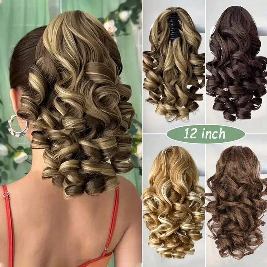 Tóc giả đuôi ngựa tổng hợp chịu nhiệt, sóng sâu, dài 12 inch, màu ombre đen/nâu, thiết kế kẹp càng cua, phù hợp cho phụ nữ đội trong dịp Giáng sinh, Halloween, lễ hội âm nhạc và sử dụng hàng ngày. - Nhiều màu - Xem 1