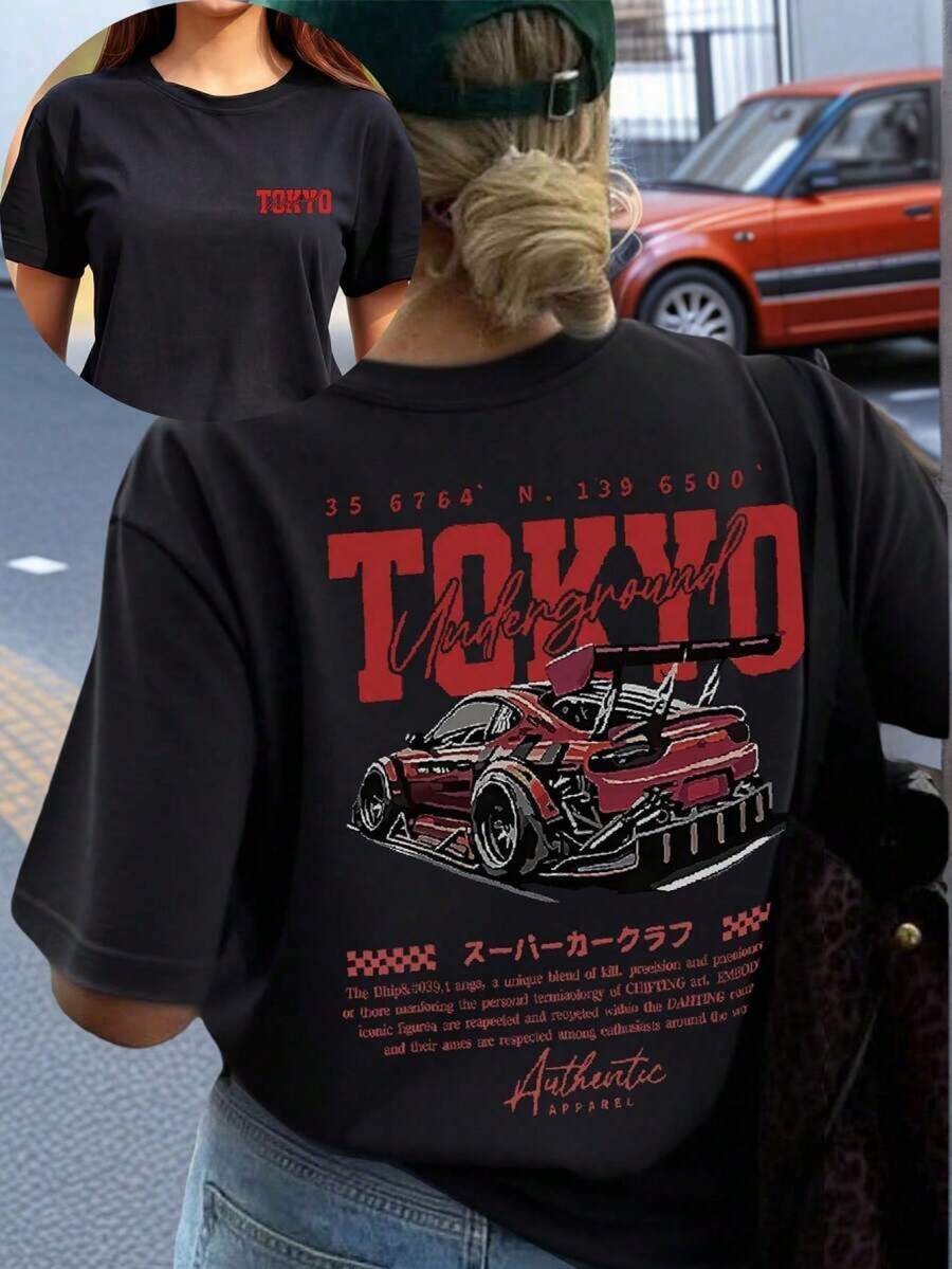 Camiseta Casual Negra para Mujer con Estampado de Coche Subterráneo de Tokio, Manga Corta con Hombros Caídos y Cuello Redondo para Ropa Urbana W1JL - Negro - Ver 1