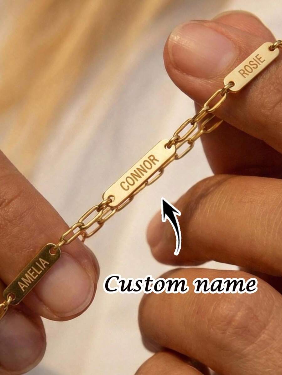 1pc Customizable Family Name Bar Bracelet, Gold Color Chain, Can Customize 1-4 Names, Minimalist Style Bracelet, Women Jewelry, Customized Name Bracelet, Multi-Name Gift For Mom On Christmas, Mother's Day, Graduation, Personalized Birthday Anniversary Present For Him Or Her - Multicolor - View 1