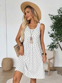 Vestido corto de verano para mujer de unicolor simple, cuello redondo, plisado y sin mangas - Blanco - Ver 7