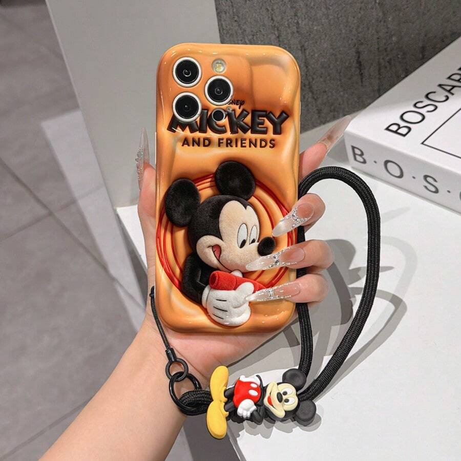 Disney Mickey Mouse Phone Case With Mickey Charm And Lanyard - Cute Mickey Protective Case With Orange Gradient Background And Red Ring Accent Design, Equipped With Delicate Mickey Decorative Lanyard And Beaded Bracelet For Easy Carrying, Compatible With IPhone 17, 16, 15, 14, 13, 12, 11 Pro Series, Ideal For Birthdays, Holidays, Anniversaries, Graduation Gifts, Or Any Special Occasion To Surprise Family, Friends, Classmates, And Loved Ones. - White - View 1