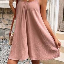 Frenchy Women's Solid Color Cotton Muscle Spaghetti Straps Summer Holiday Style Dress, Dress, Tank Dress, Summer Women's Clothing, Cotton Women's Clothing Black Vacation Casual Beach Resort - Albaricoque - Ver 7
