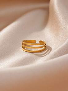 1 pièce Bague minimaliste multicouche ouverte pour femmes, plaqué or 18 carats en acier inoxydable, bague géométrique esthétique, cadeau de bijoux de mariage - Multicolore - Voir 2