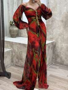 Vestido largo con mangas largas plisado estilo informal para otoño e invierno - Burdeos - Ver 2