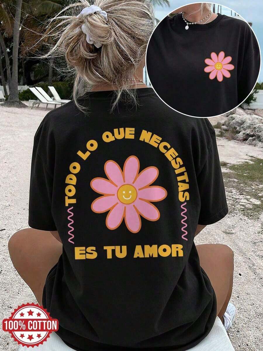 Women's Premium Casual T-Shirt "Mommy And Me" [Double-Sided Print] Fashionable Women's Top, Summer Clothes For Ladies, Cute Style With Heart Floral Print "IT'S YOUR LOVE", Round Neck, Short Sleeve, Daily Wear, Mother's Day Gift, - 黑色 - 查看 1