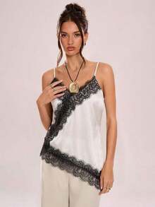 Camiseta de tirantes asimétrica con entramado de encaje transparente - Blanco 2 - Ver 6