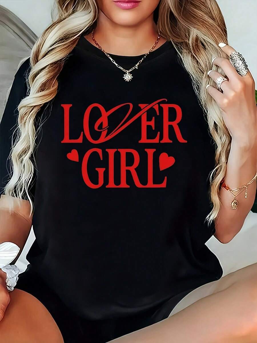 Talla Grande - Talla Grande - Camiseta Oversize con Estampado de AMOR y Corazón | Blusa de Manga Corta y Cuello Redondo para Talla Grande, Lavable a Máquina, Outfit Casual, I para Fiestas y Ropa Casual, Negro
