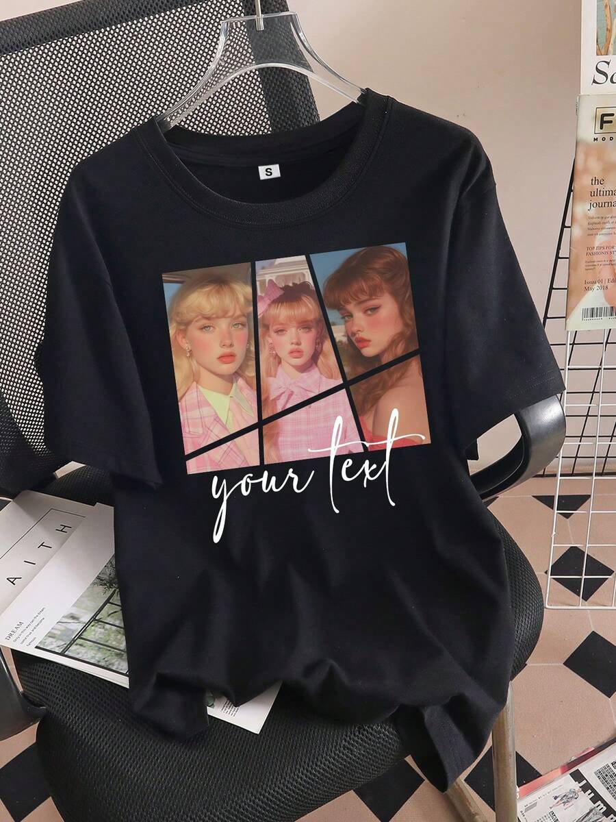 Camiseta Retro Personalizada con Foto/Tipo de Letra, Regalos Personalizados para Todas las Estaciones, Ropa Casual Elegante y Cómoda - Negro - Ver 1