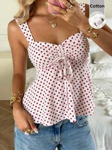 Nueva Colección Primavera/Verano 2026 para Mujer: Blusa/Top sin Mangas con Volantes y Cordón Ajustable, Estampado de Lunares Amarillo Buttercup y Marrón, Estilo Casual y Versátil, Top de Verano - Rojo y blanco - Ver 1