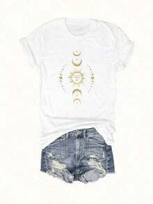 Camiseta de Mujer con Estampado de Sol, Luna y Estrellas - Azul Marino y Dorado, Cuello Redondo Casual, Manga Corta, Transpirable y Lavable a Máquina para Todas las Temporadas, Cómoda y Versátil, Tema Celestial, Tela Suave, Corte Holgado, Estampado Duradero, Transpirable y Cómoda. - Blanco - Ver 10