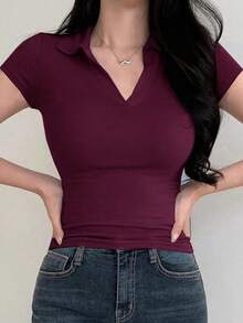 Camiseta polo de manga corta de ajuste ceñido de unicolor para mujer, casual de verano, casual de negocios, tops estilo universitario para mujer - Burdeos - Ver 6