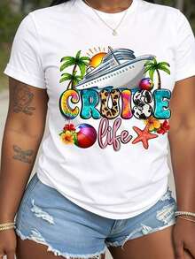 1 Piece Of Women's T-Shirt 100% Cotton With Tropical Palm Tree And Cruise Ship Print, Round Neck, Ideal For Summer Ocean Getaways And Beach Adventures, 180g 100% Cotton. - 白色 - 查看 3