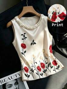 Blusa de tirantes elegante con estampado floral y cuello de perlas brillantes para mujer, adecuada para citas, salidas casuales, ir al trabajo, tomar el té por la tarde, Día de la Madre, Día del Maestro - Beis - Ver 7