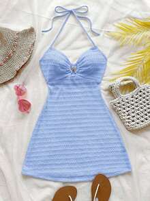 Vestido mini con textura, escote en V, decoración de estrella de mar metálica, cuello con lazo, espalda descubierta, ideal para vacaciones, citas, té de la tarde, días festivos, festivales de música, estilo bohemio - Azul 3 - Ver 3