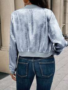 Chaqueta de béisbol con cremallera metálica dorada, puños acanalados, ajuste slim, elegante y versátil, cárdigan corto para ropa de fiesta de Año Nuevo - Azul - Ver 2