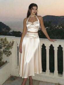 Set de 2 piezas de top halter y minifalda de jacquard para mujer, conjunto de falda y top blanco, ropa de otoño para mujer, atuendo para fiesta, boda, salida, conjunto elegante de mujer, conjunto chic de mujer, ropa de campo para mujer - Albaricoque 2 - Ver 11