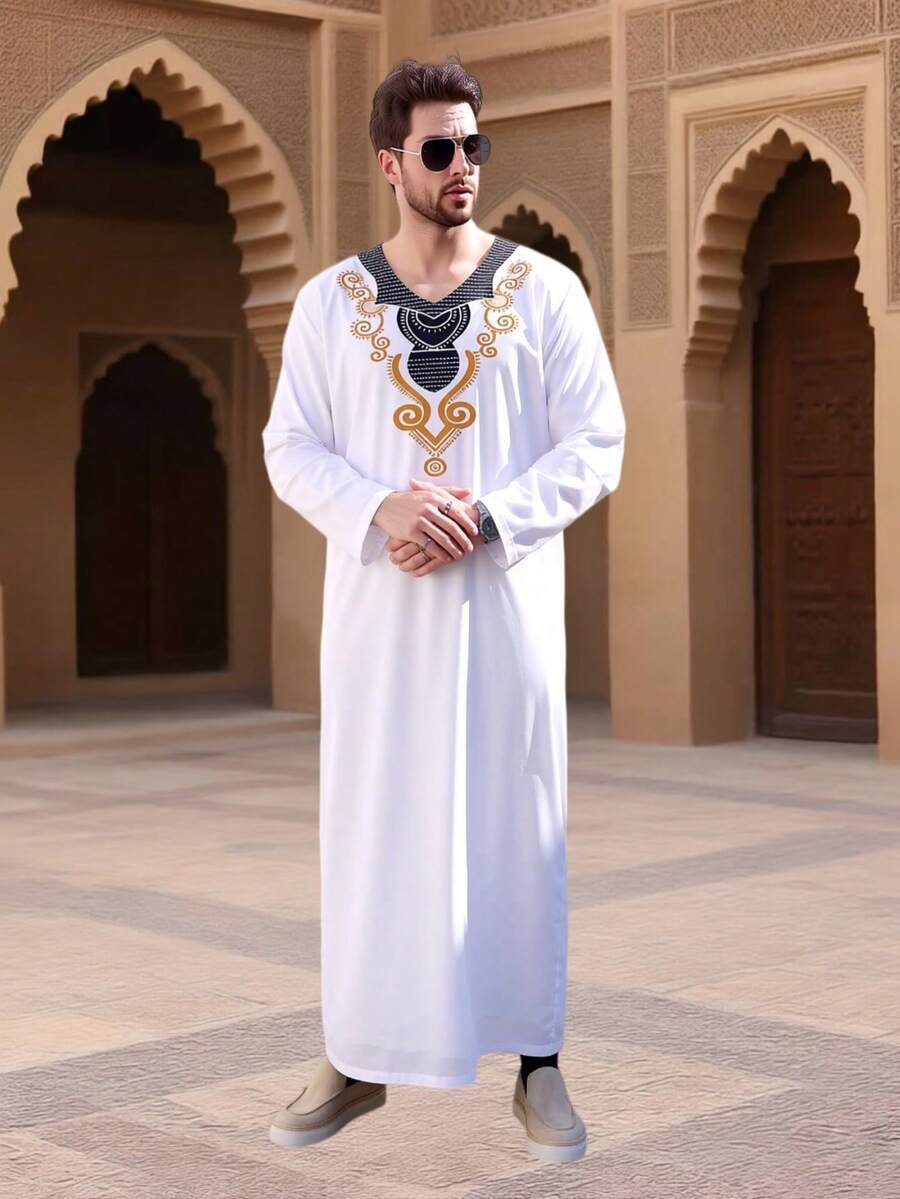 1pc White V-Neck Printed Men's Traditional Arabic Robe, Arabian Traditional, Saudi Men's Robe, Saudi Men's Pajamas, Moroccan Men's Robe