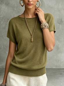 Bohemian Style Spring/Summer New Women's Holiday Olive Green Short Sleeve Knit Top, Boat Neck Design, Loose Raglan Sleeve, Solid Color Ribbed, Suitable For Daily, Commute, Party, Date, Casual, Vacation, Elegant Retro Versatile Simple Green Fashion Women Knit Sweater - Olive Green - View 3