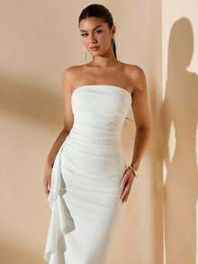 Vestido de dama de honor de boda de verano, vestido largo blanco con pliegues, abertura alta, volantes y tiras para fiesta, sin mangas y sin tirantes, sexy - Blanco - Ver 6