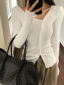 Blusa casual de mujer de punto acanalado con botones y manga corta - Blanco - Ver 11