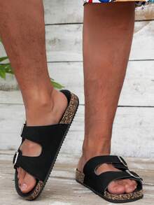 Pantuflas vintage de punta abierta para hombre, suela de PVC antideslizante y duradera, parte superior con correa ajustable, adecuadas para uso en interiores y exteriores - Gamuza negra - Ver 5