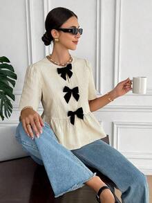 Blusa casual de mujer con rayas y lazo, Blusa de manga corta a rayas elegante para mujer, Decoración de lazo negro vintage, Diseño holgado y estilizante con volantes, Camisa color albaricoque, Verano para mujer, Blusa para salir, Playa para mujer, - Albaricoque - Ver 8