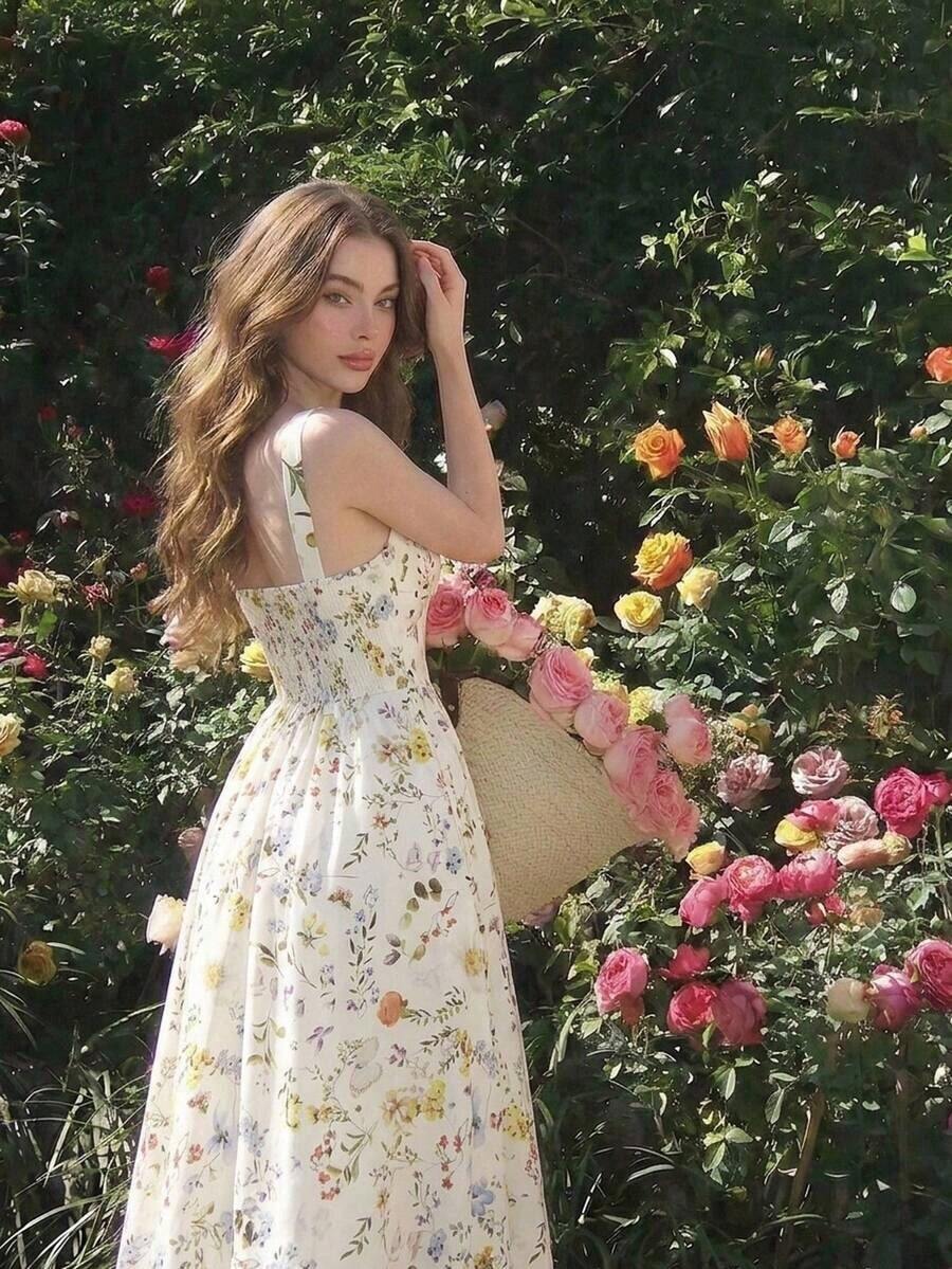 Vestido de longitud media con cintura fruncida y bordado floral para mujer - Albaricoque - Ver 1