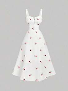 Vestido de longitud media con cintura fruncida y bordado floral para mujer - Rojo y blanco - Ver 4