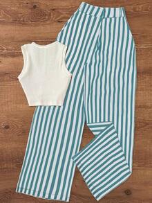 Conjunto de chaleco y pantalones a rayas casuales con cintura para mujer, adecuado para la oficina y el jardín, primavera/verano blanco elegante - verde menta - Ver 3